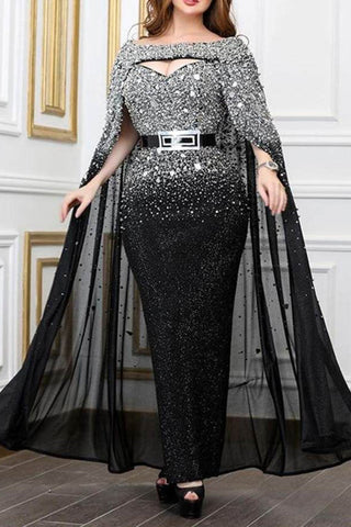 Online-clothing-plus-size-tulle-hollowed-out-sequin-split-joint-maxi-dressno-belt