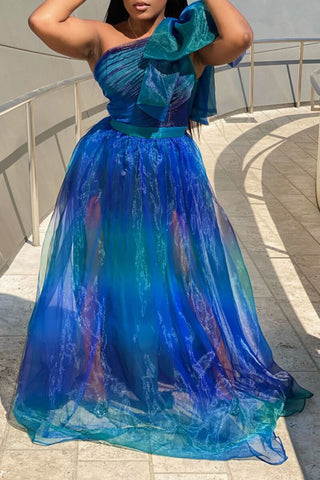 Online-clothing-plus-size-tulle-dresses-single-shoulder-bowknot-sleeve