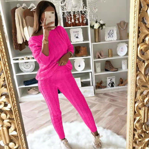 Plus Size Solid Long Sleeve Sweater Pants Two Pieces Set