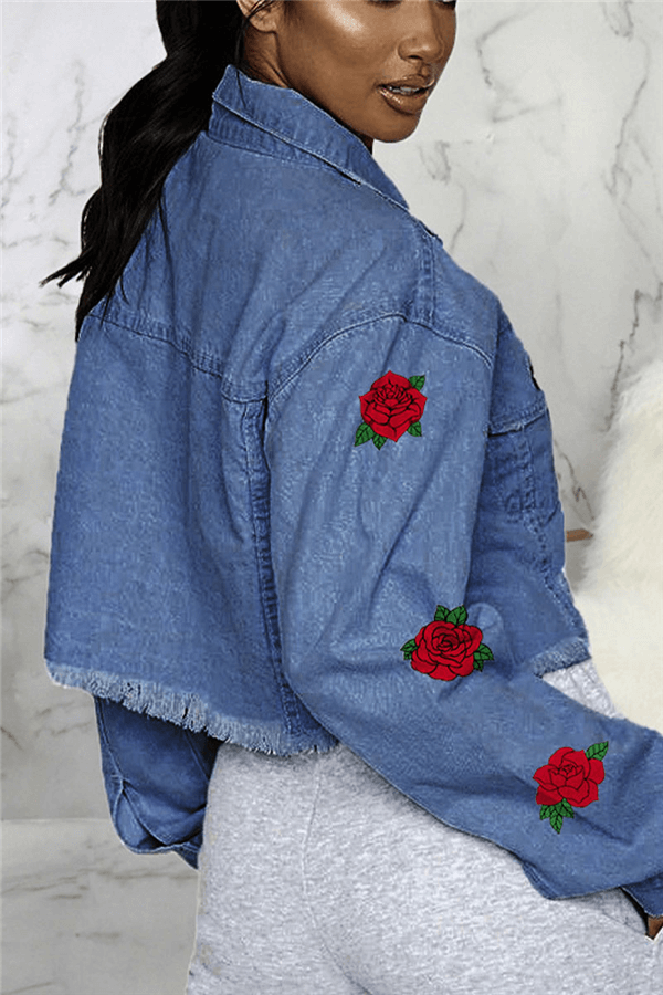 Fashion Street Flower Print Buttons Denim Coat