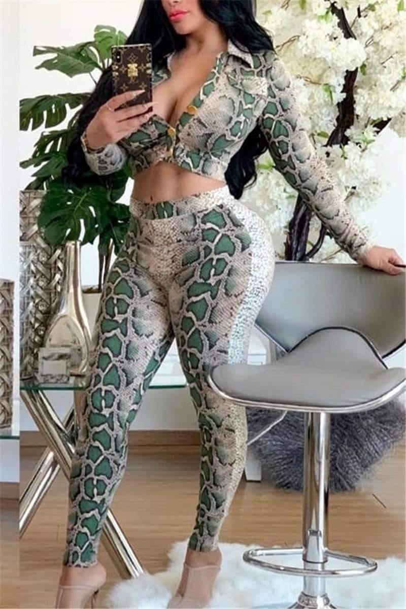 Fashion V-neck Top SnakeSkin Two-Pieces