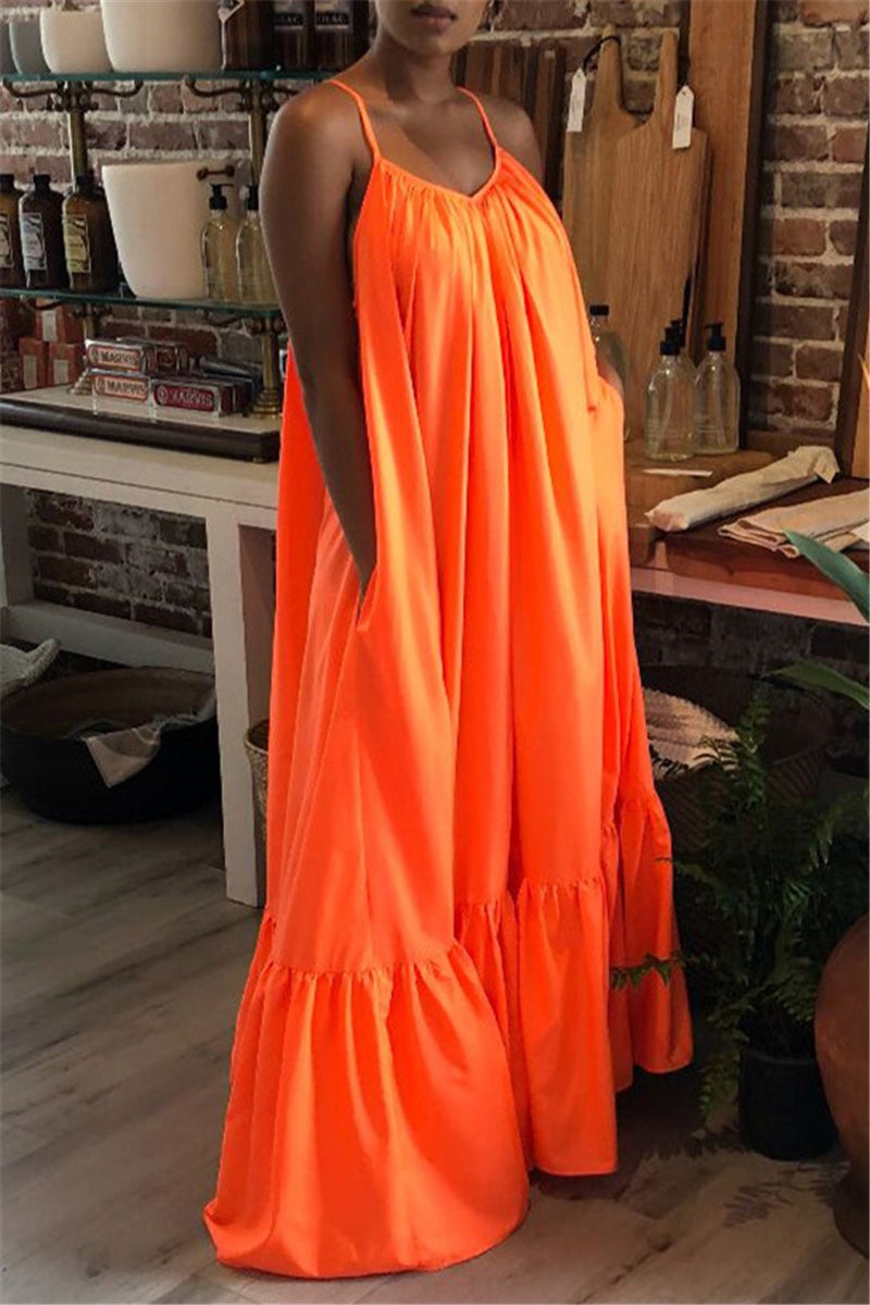 Casual Solid Backless Spaghetti Strap Loose Sling Dress