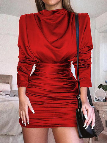 Women's Sheath Dress Short Mini Dress - Long Sleeve Solid Color Ruched Pleated Hot Sexy Party Batwing Sleeve Slim Black Red Royal Blue S M L XL-0219804