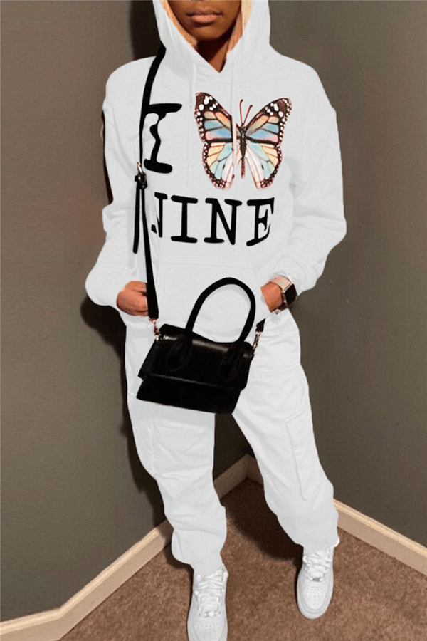 Fashion Casual Hoodie Butterfly Print Two Pieces