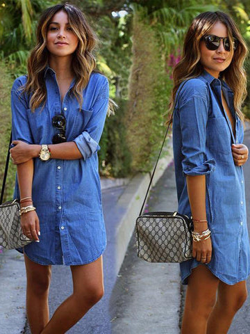 Casual Denim Shirt Female Long-sleeved Plus Size Dress