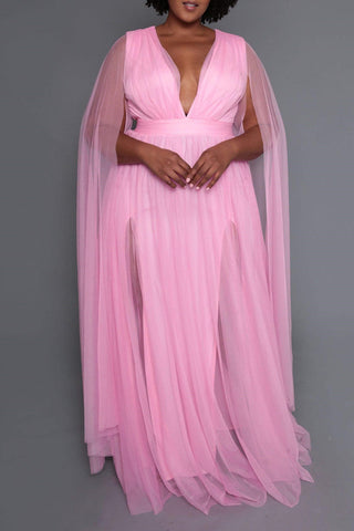 Online-clothing-plus-size-solid-v-neck-sleeveless-shawl-tulle-elegant-party-maxi-dress