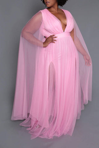 Plus Size Solid V-neck Sleeveless Shawl Tulle Elegant Party Maxi Dress