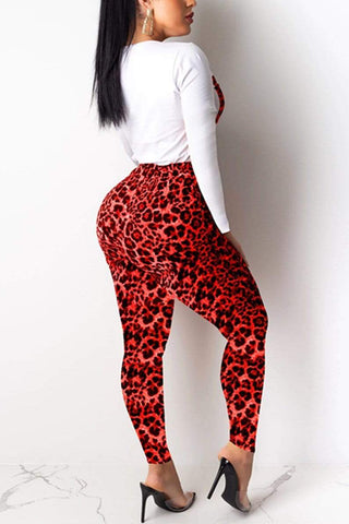 Round-Neck Long-Sleeved Leopard Print Letter Two-Piece
