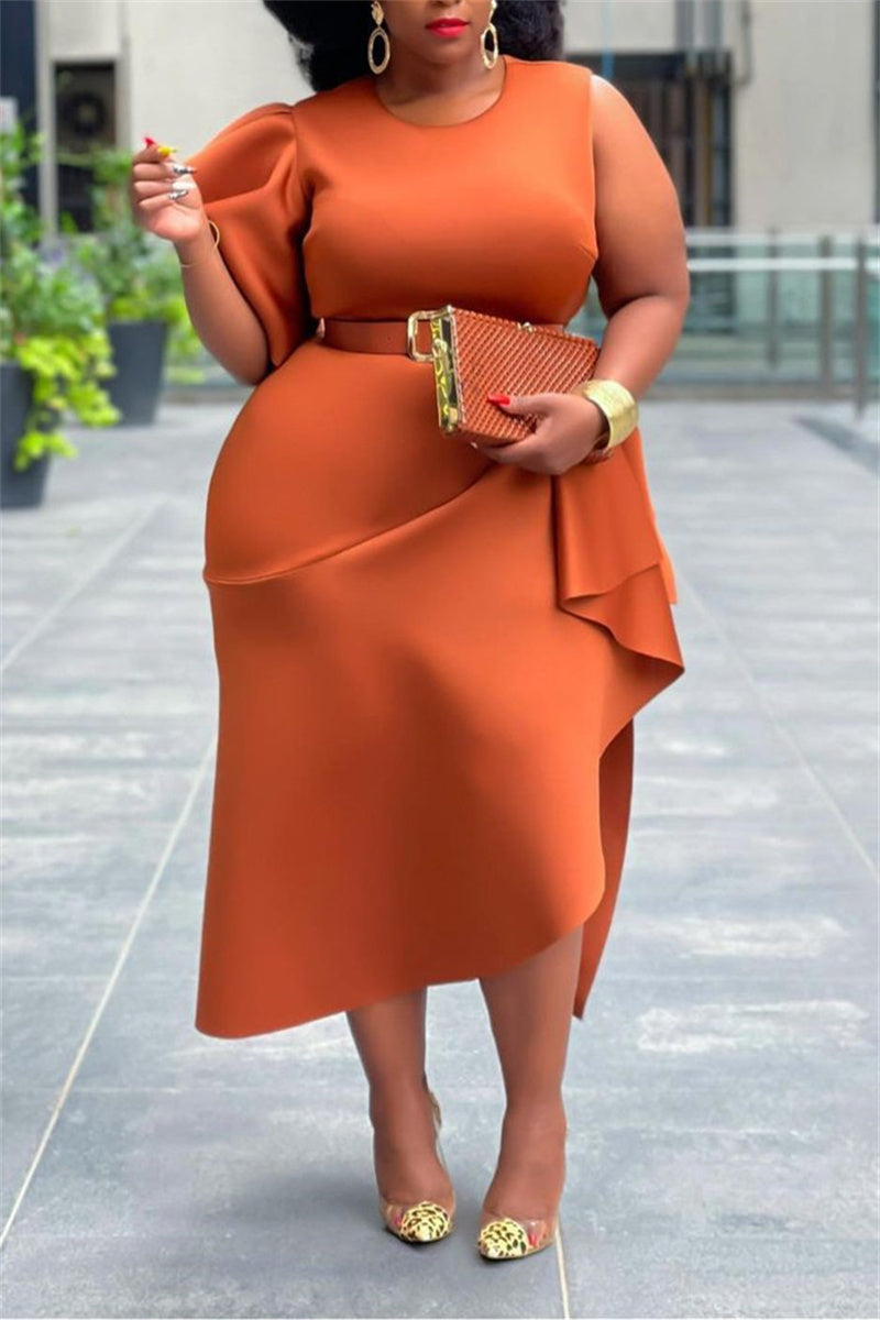 Online-clothing-plus-size-ruffle-flare-sleeve-solid-asymmetrical-midi-dress