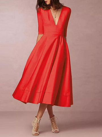 Women's Swing Dress Midi Dress - Half Sleeve Deep V Going out Wine White Black Blue Red Navy Blue S M L XL XXL XXXL