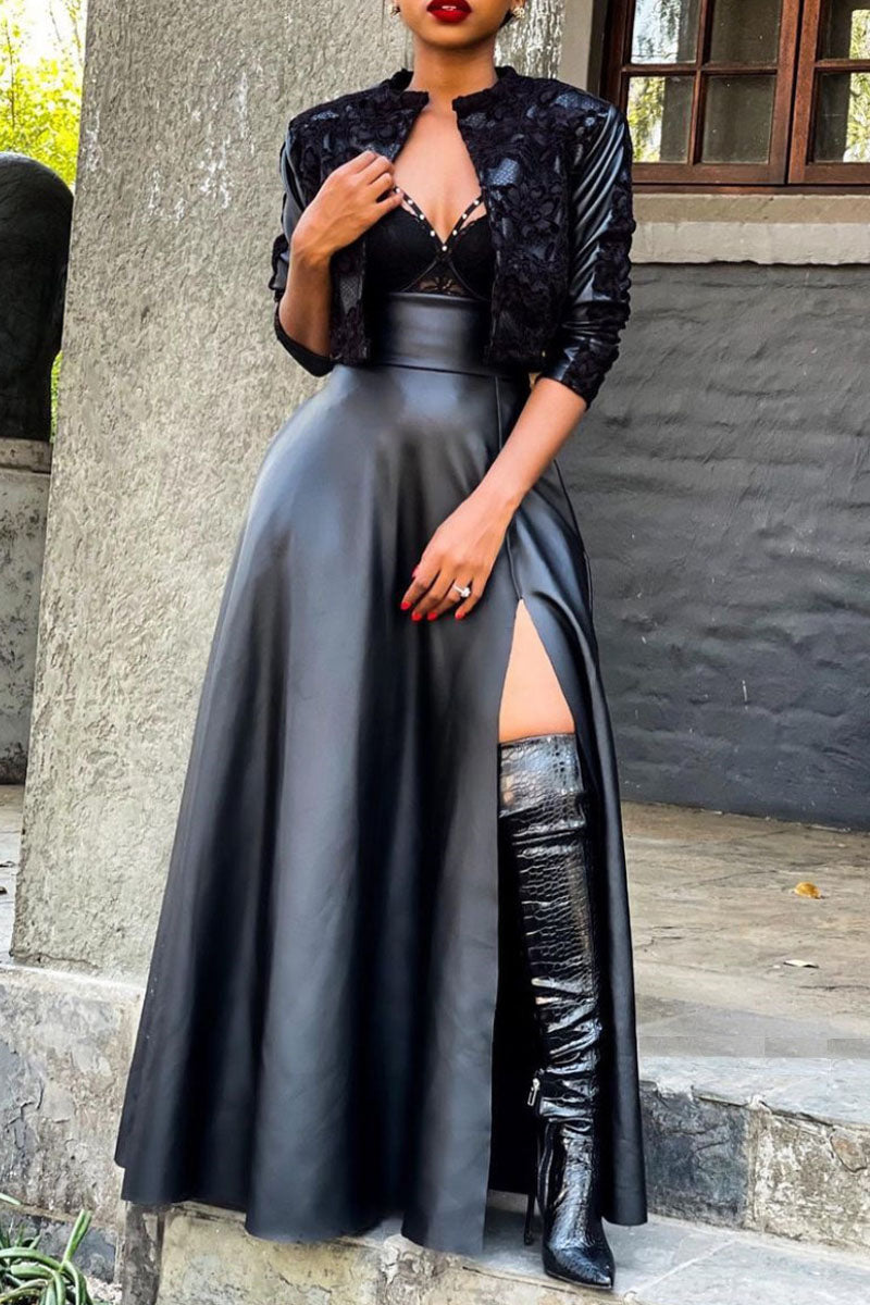 Online-clothing-plus-size-pu-leather-casual-solid-high-waist-thigh-slit-skirt