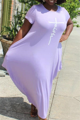 Plus Size Pink Irregular Pattern Print Round Neck Maxi Dress