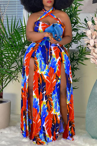 Plus Size Tropical Print Backless Slit Halter Sleeveless Dress