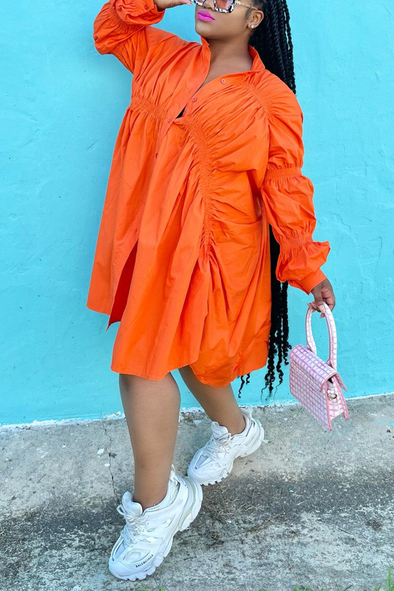 Online-clothing-plus-size-solid-white-button-fold-design-long-sleeve-shirt-mini-dress