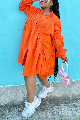 Online-clothing-plus-size-solid-white-button-fold-design-long-sleeve-shirt-mini-dress