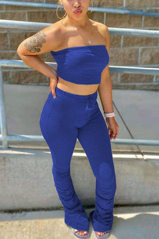 Strapless Wrinkled Drawstring Waist Two Piece Sets