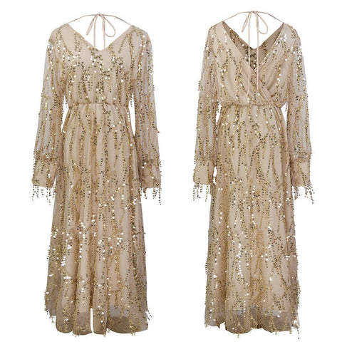 Fringed Sequin Reversible Midi Dress