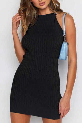 Solid Color Sleeveless Striped Knitted Bag Hip Mini Dress