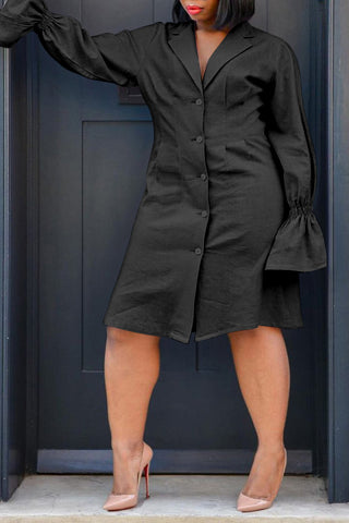 Online-clothing-plus-size-plain-midi-dresses-flared-sleeve-lapel