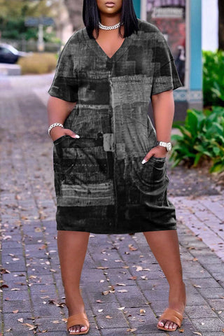 Plus Size V Neck Print Pocket Dress