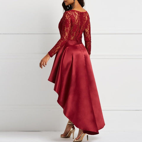Evening Party Date Asymmetric Satin Hollow Out Floral Lace Long Dress