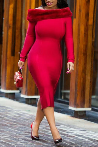 Plus Size Elegant Faux Fur Collar Split Bodycon Teddy Midi Dress