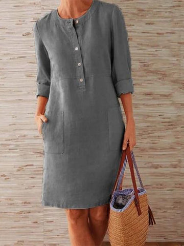 Solid Color Stand Collar Long Sleeve Buttoned Dress