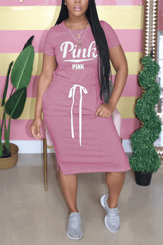 Fashion Letter Print Pink Regular Dress