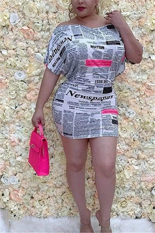 Fashion Sexy Boat-Neck Newspaper Print Dress