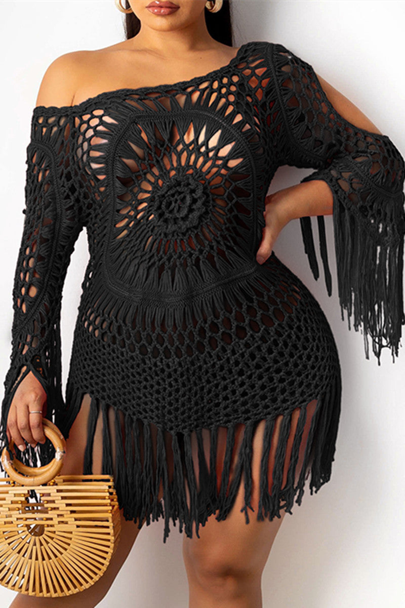 Online-clothing-plus-size-hand-made-black-long-sleeve-sexy-crochet-tassel-dress