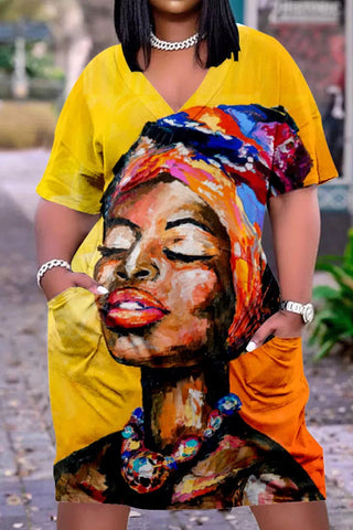 Plus Size V Neck Short Sleeve Cute Black Girl Print Midi Dress-Red
