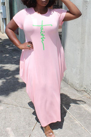 Plus Size Pink Irregular Pattern Print Round Neck Maxi Dress
