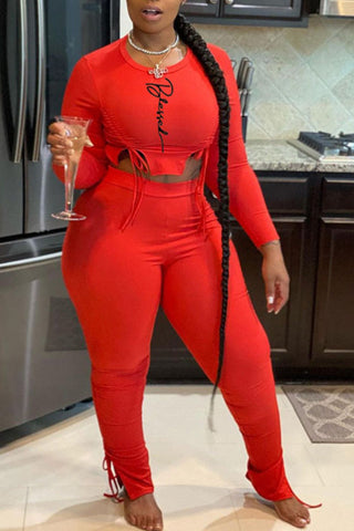 Plus Size Letter Print Drawstring Pants Two Pieces Set