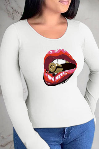 Street Lips Printed Patchwork O Neck Tops