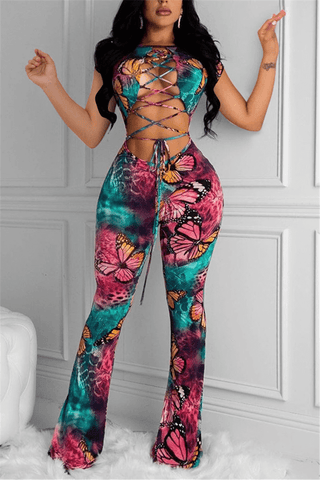 Sexy Butterfly Print Cutout Jumpsuit