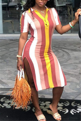 Fashion Rainbow Stripe Split Dress