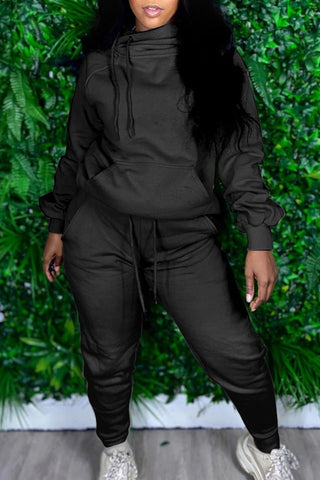 Plus Size Casual Long Sleeve Hooded Collar Long Sleeve Solid Two Pieces