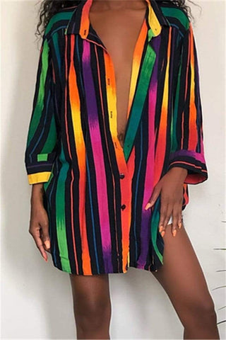 Fashion Rainbow Striped Shirt Dress