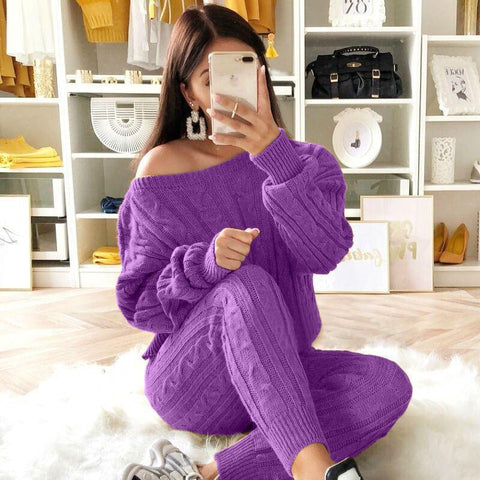 Free-shipping-online-clothing-plus-size-solid-long-sleeve-sweater-pants-two-pieces-set