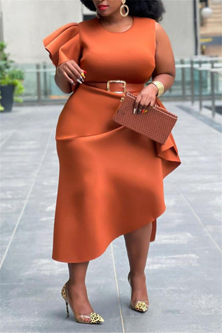 Online-clothing-plus-size-ruffle-flare-sleeve-solid-asymmetrical-midi-dress