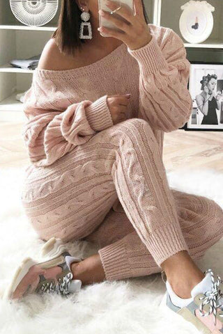 Plus Size Solid Long Sleeve Sweater Pants Two Pieces Set