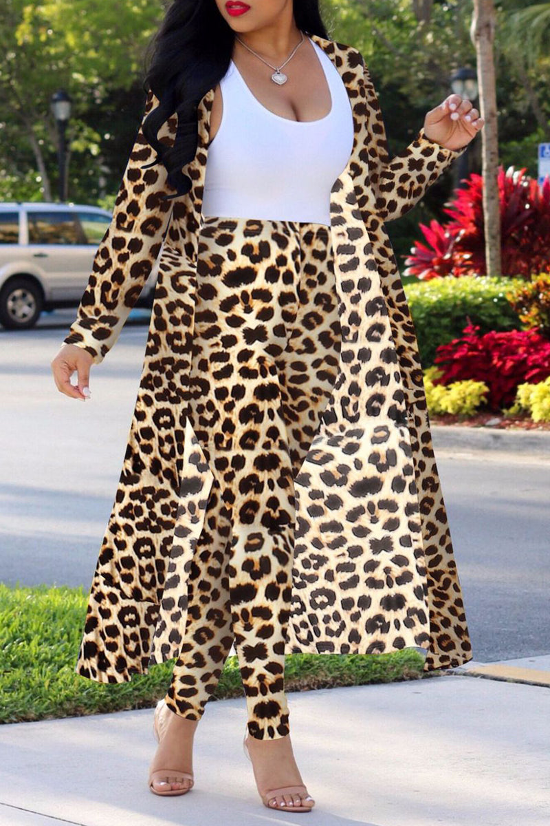 Plus Size All Over Print Midi Cardigan Two Piece Pants Set