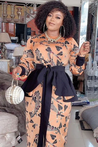 Online-clothing-plus-size-khaki-print-elegant-flounce-decor-straight-maxi-dress