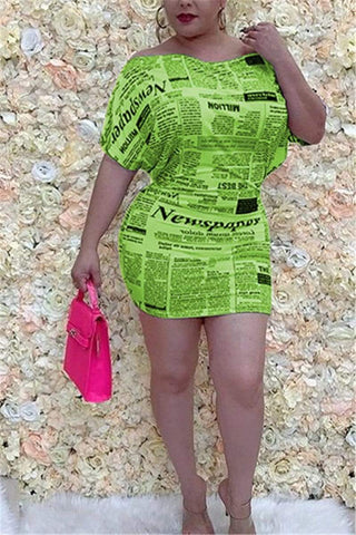 Fashion Sexy Boat-Neck Newspaper Print Dress