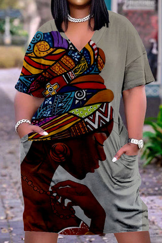 Plus Size V Neck Short Sleeve Cute Black Girl Print Midi Dress-Red
