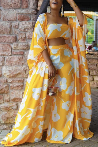 Plus Size Casual Yellow Print Kimono Pant 3 Piece Set