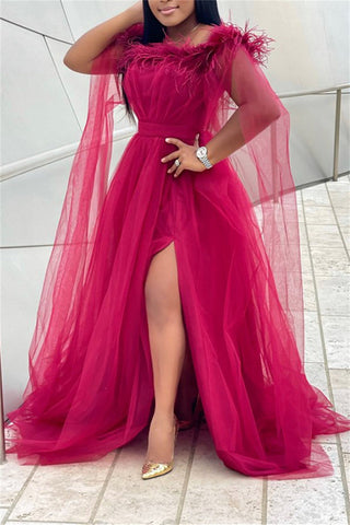 Online-clothing-plus-size-feather-collor-tulle-split-joint-solid-maxi-dress