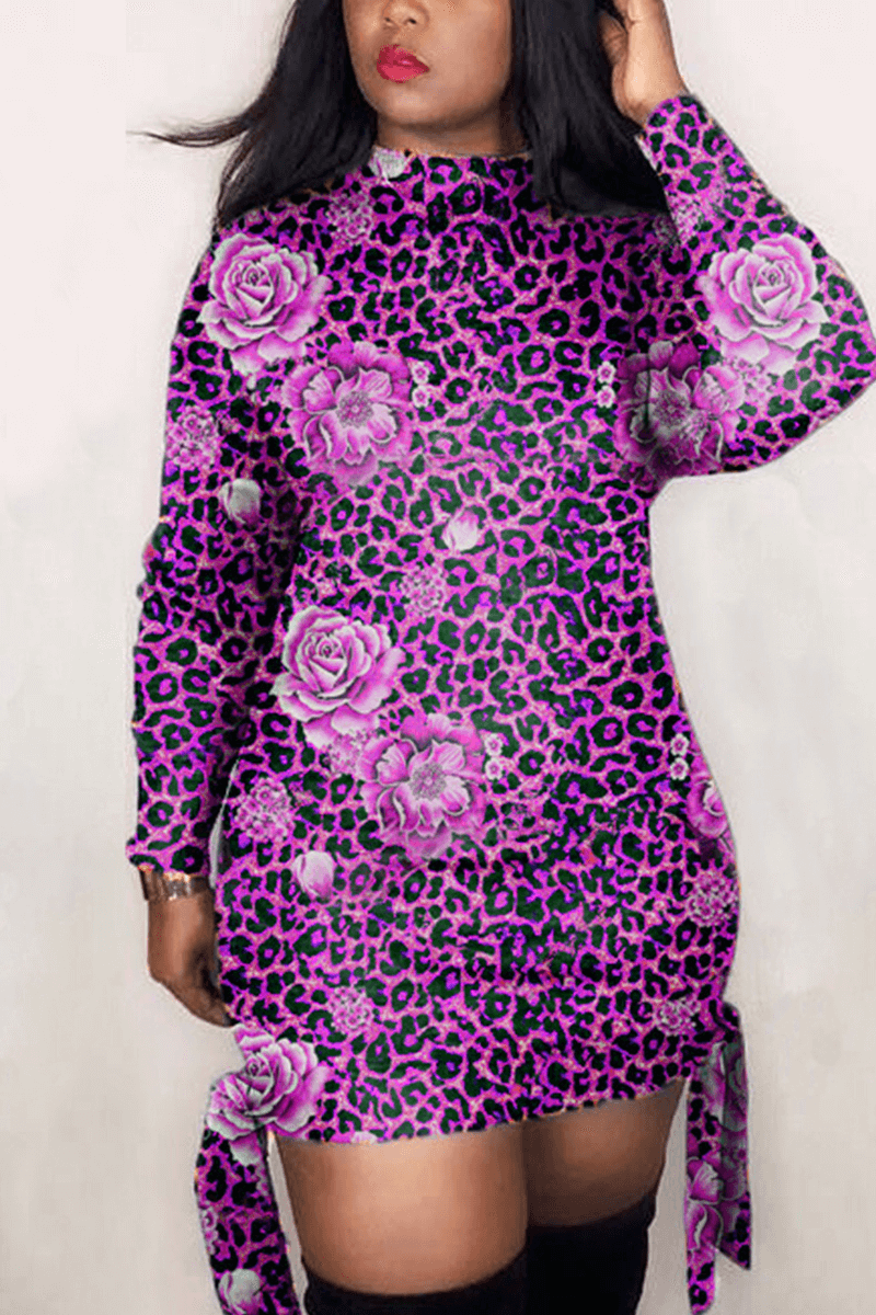 Fashion Casual Regular Leopard Flower Print Mini Dress