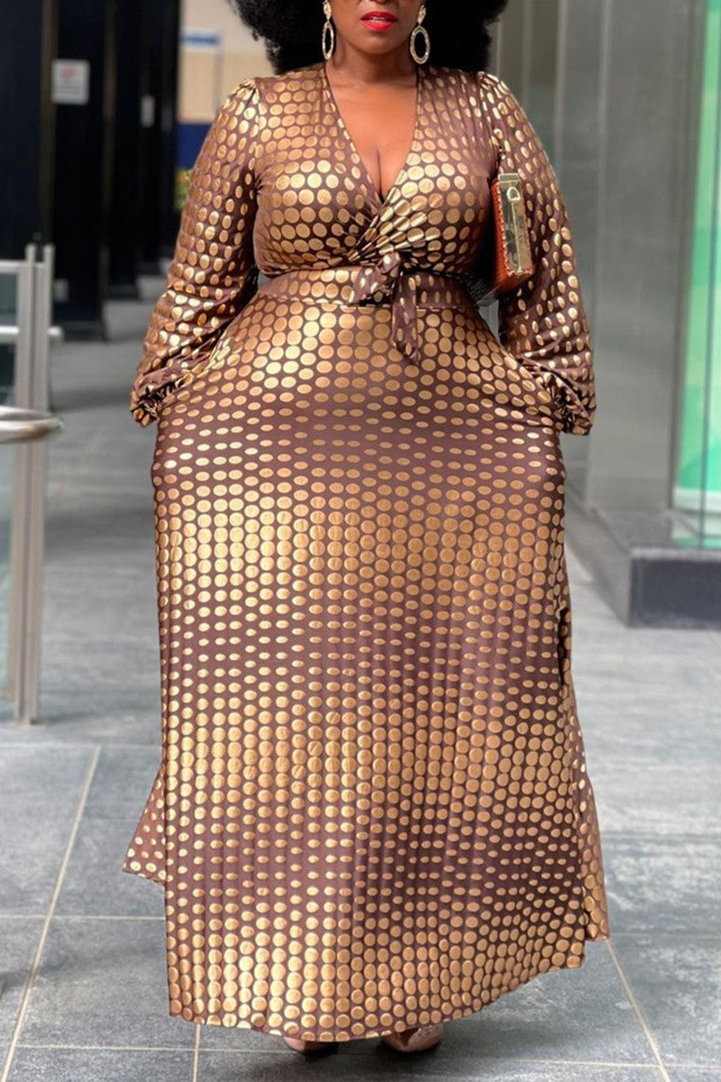 Online-clothing-plus-size-long-sleeve-v-neck-dot-print-maxi-dress