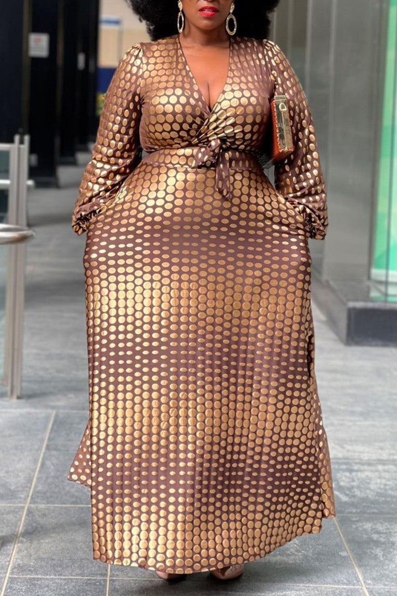 Plus Size Long Sleeve V-neck Dot Print Maxi Dress